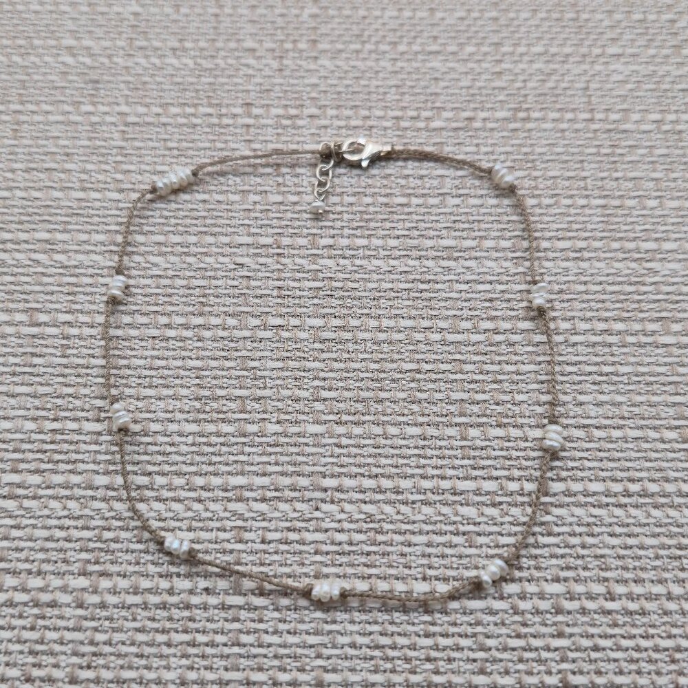 10 Inch Sterling Silver And Cord Tiny Genuine Pearls Ankle Bracelet A5090